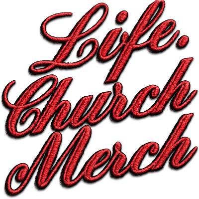 Red embroidered-style script text reading 'Life.Church Merch' on transparent background